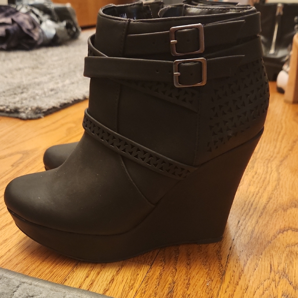 Jasmine Black Buckle Wedge Ankle Booties